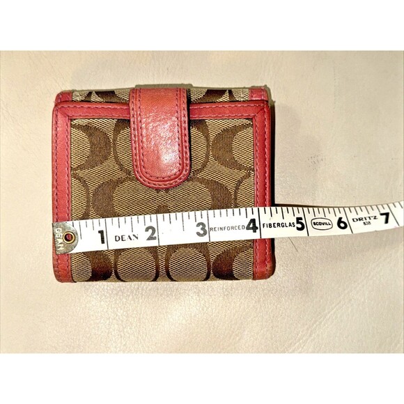 Coach Signature Canvas Tri-Fold Wallet Buckle Tab Leather Trim Brown Pink - Picture 2 of 13
